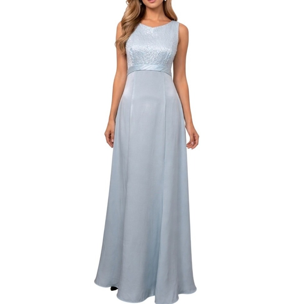 Niki Livas Vintage Bridgerton Ice Blue Sequins Bowtie Empire Satin Maxi Dress
